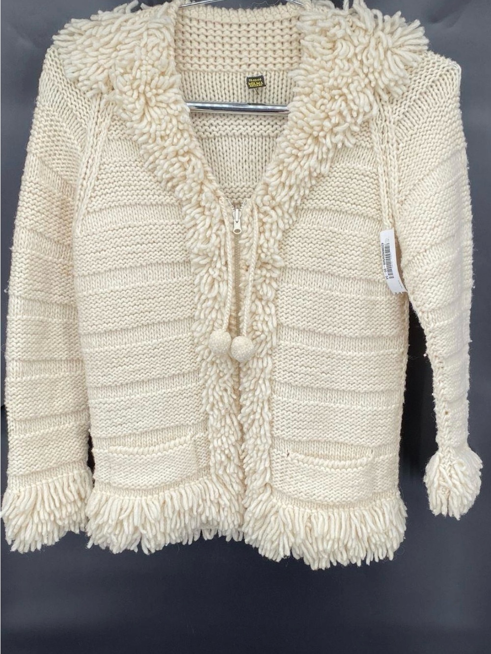 Tejidos One Size Women's Cream Hooded Fringe Zip Cardigan Sweater